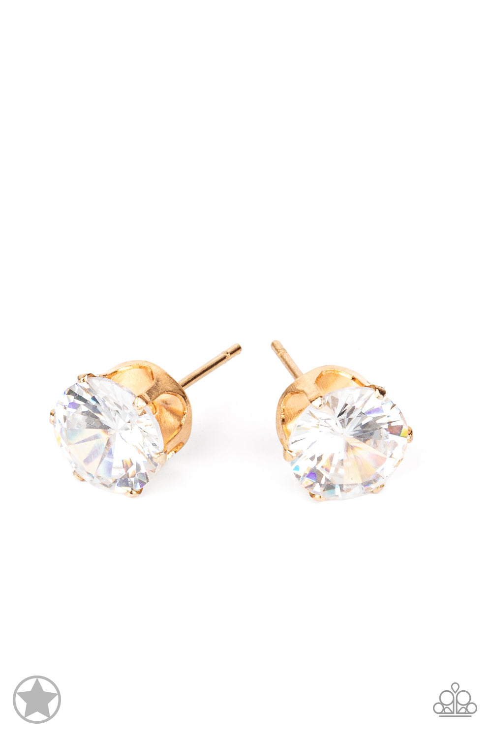 Just In Timeless Gold White Rhinestone Blockbuster Post Earring Paparazzi E0089