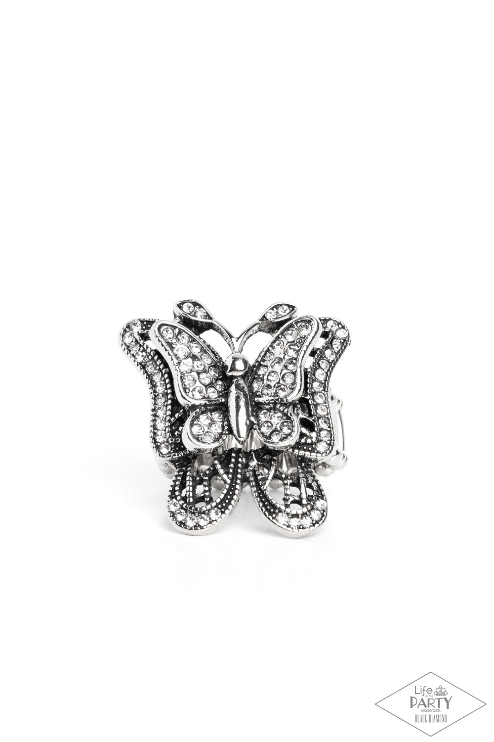 Free To Fly - White Rhinestone Butterfly Ring Life Of The Party Black Diamond Exclusive Paparazzi R0432