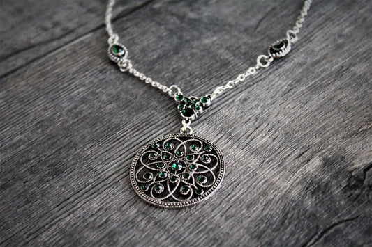 Timeless Traveler Green Rhinestone Floral Frame Necklace Exclusive Paparazzi N0586