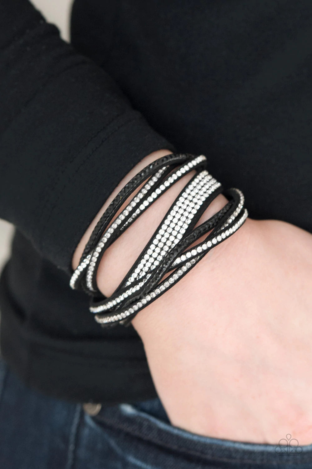 Taking Care Of Business Black Suede White, Smokey, Black Rhinestone Urban Bracelet Paparazzi B0169