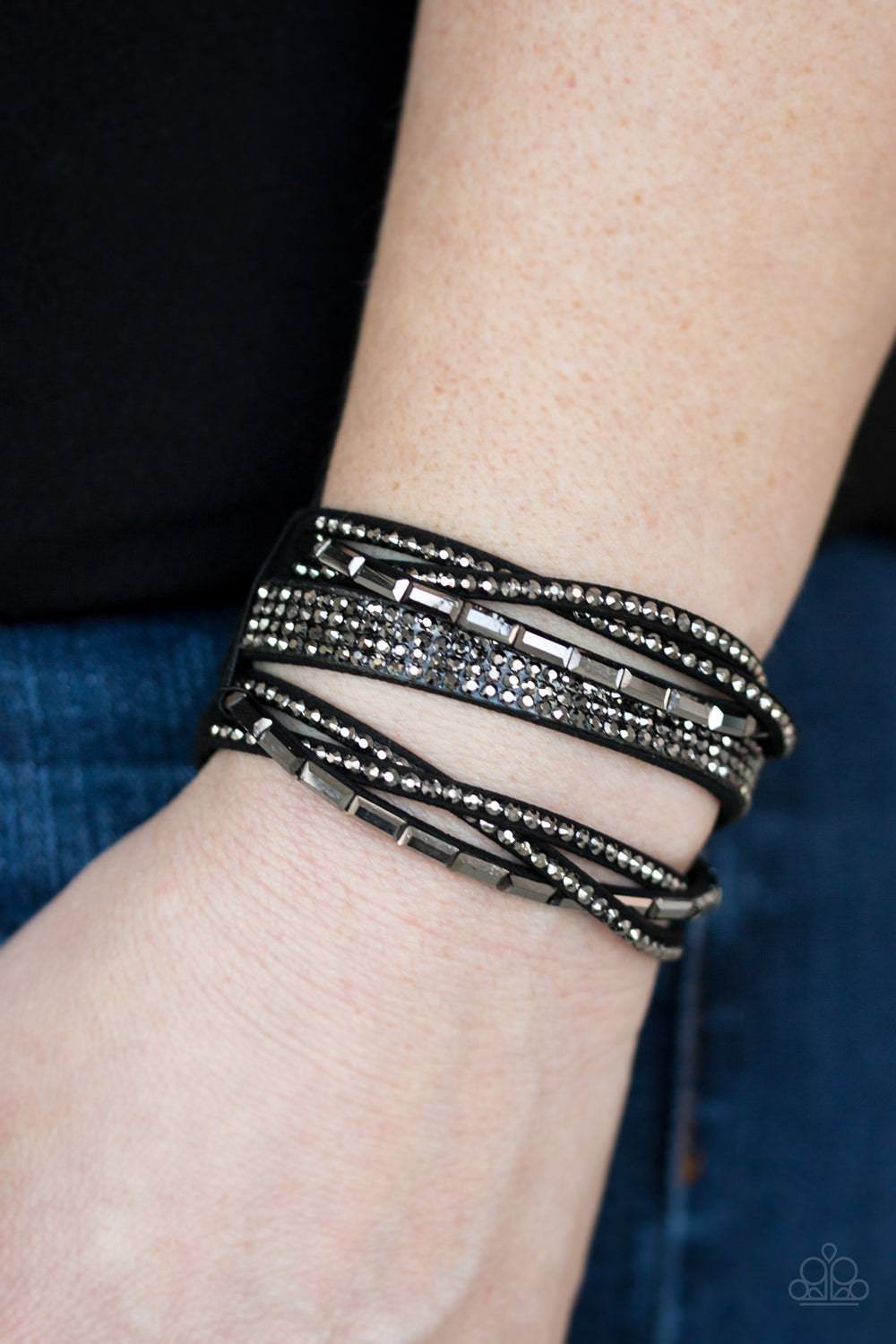 Tough Girl Glamour - Black Hematite Rhinestone Urban Wrap Bracelet Paparazzi B0199