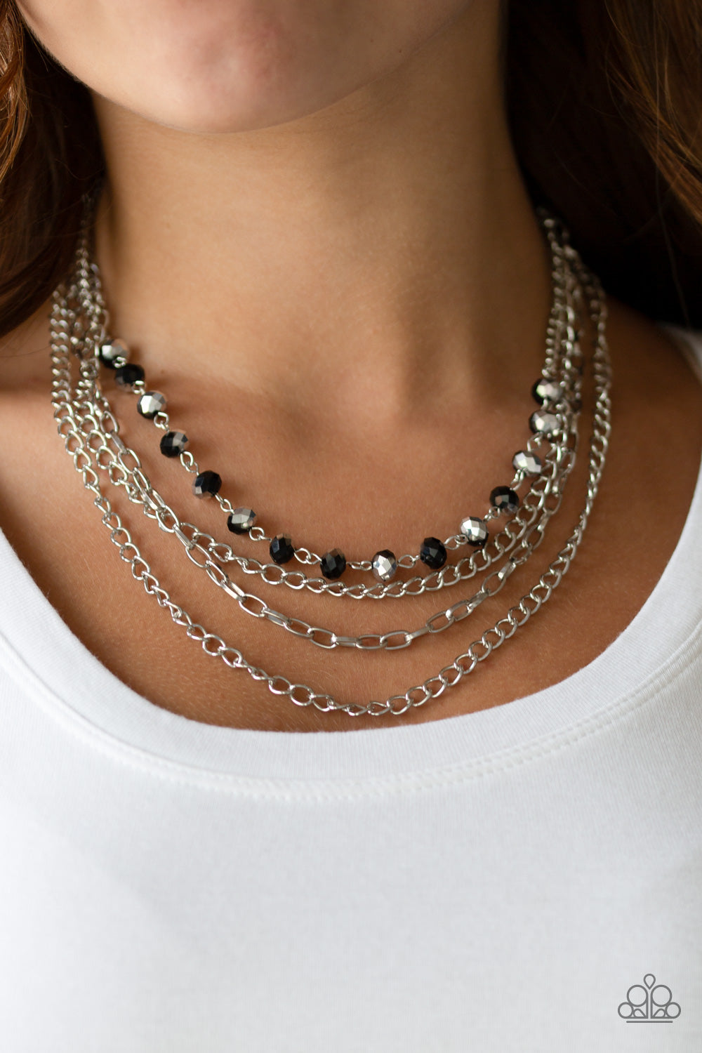 Extravagant Elegance - Multi Black Bead Silver Multi Layer Chain Necklace Paparazzi