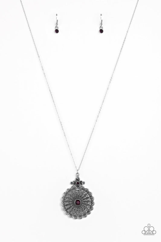 Walk On The Wildflower Side Purple Rhinestone Floral Pendant Necklace Paparazzi N0071