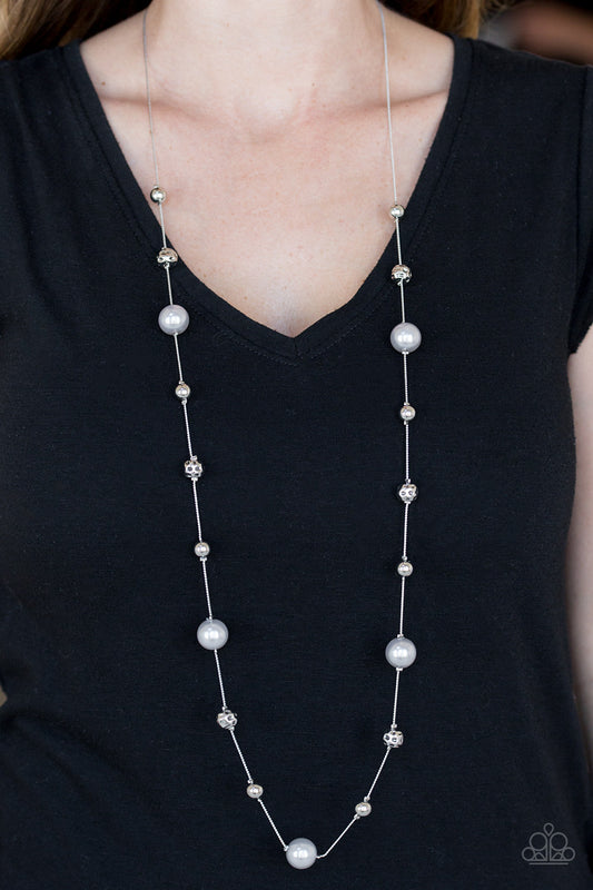 Eloquently Eloquent - Silver Pearly Accent & Hammered Silver Bead Necklace Paparazzi N1742