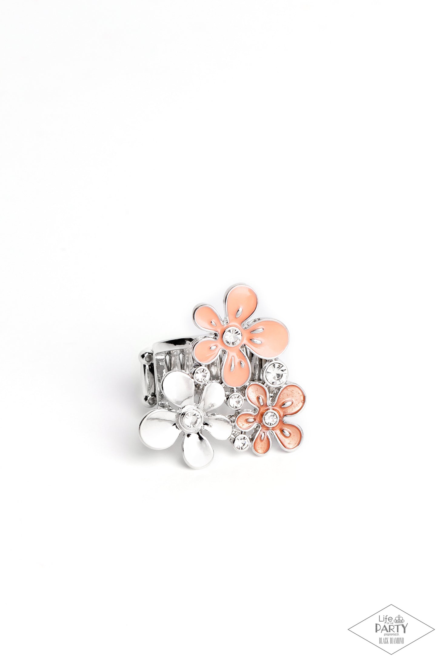 How Does Your Garden Grow? - Orange Coral Silver Flower Life Of The Party Ring Paparazzi R0511