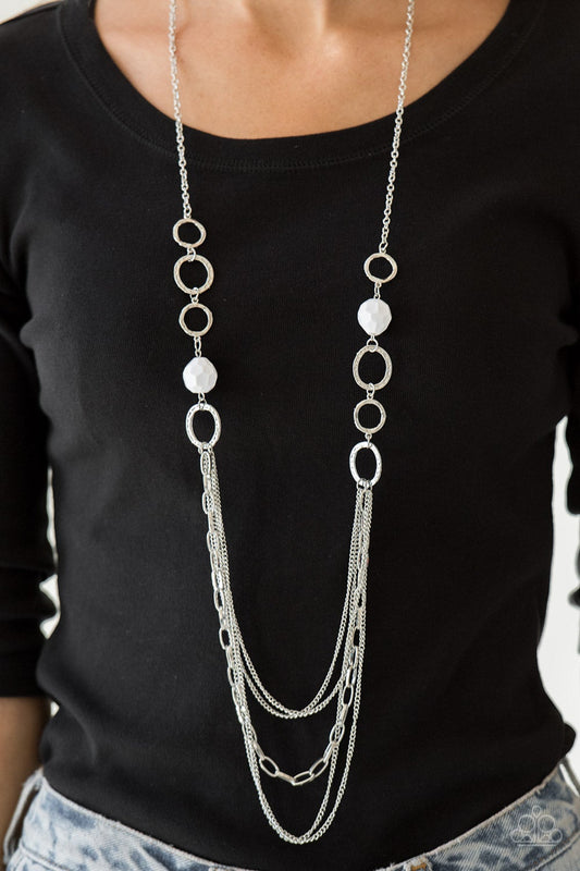 Margarita Masquerades White Bead Hammered Silver Necklace Paparazzi N0627