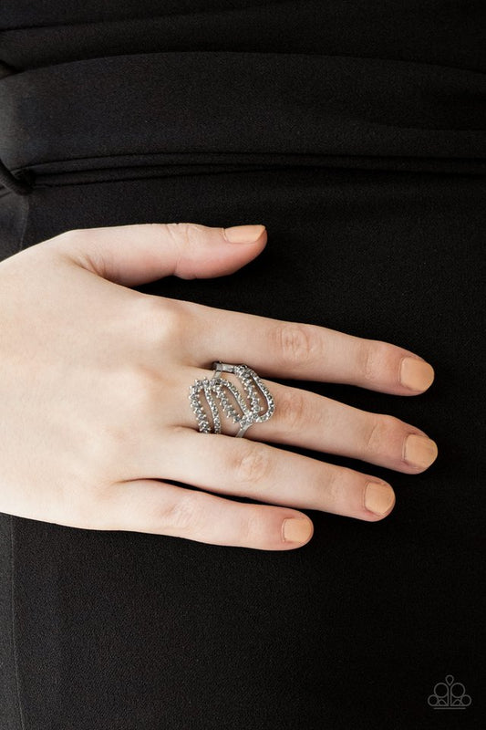 Make Waves Silver Hematite And Smoky Rhinestone Ring Paparazzi R0240