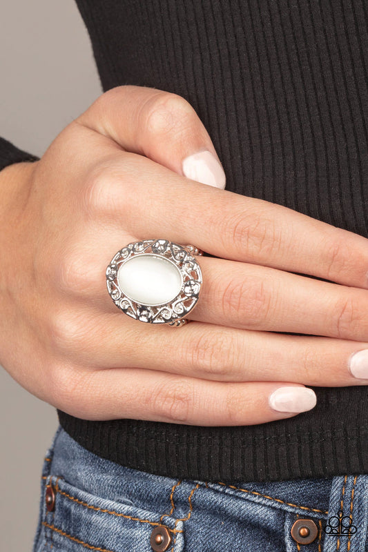 Moonlit Marigold White Filigree Moonstone Ring Paparazzi R0279