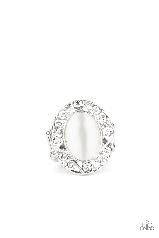 Moonlit Marigold White Filigree Moonstone Ring Paparazzi R0279