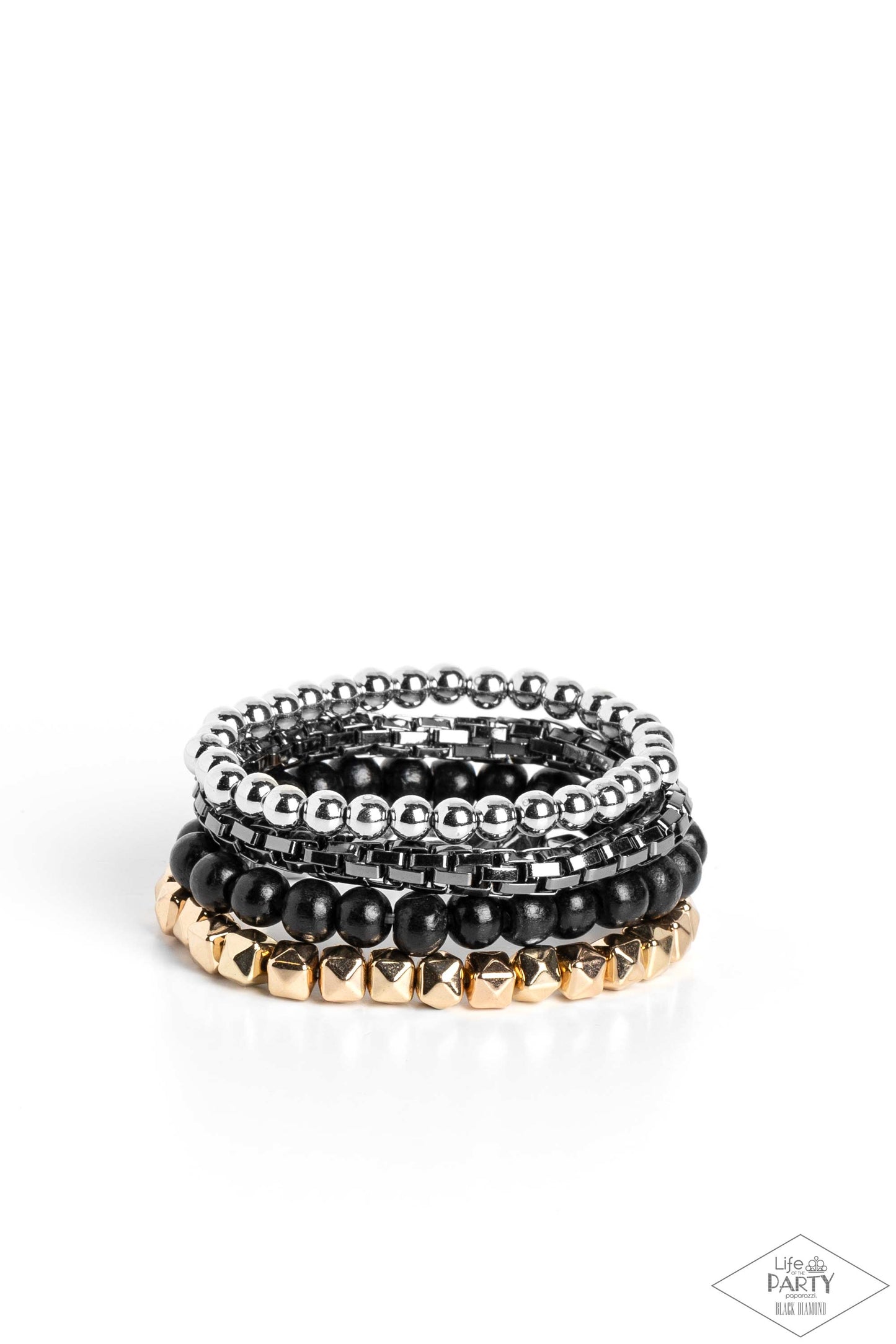 Retro Rocker - Multi Gold, Gunmetal, Silver & Wooden Black Bead Stretch Bracelet Life Of The Party Black Diamond Exclusive Paparazzi B0995