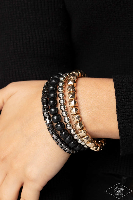 Retro Rocker - Multi Gold, Gunmetal, Silver & Wooden Black Bead Stretch Bracelet Life Of The Party Black Diamond Exclusive Paparazzi B0995