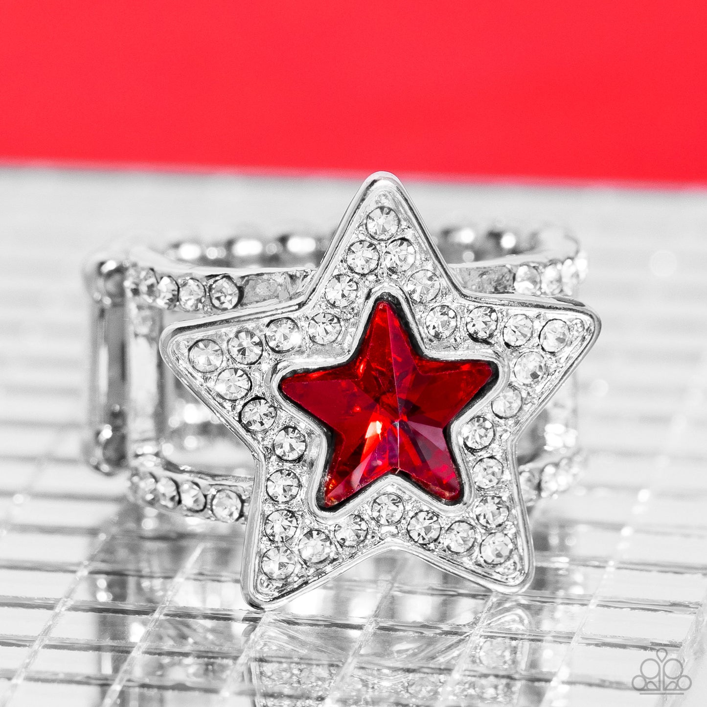 One Nation Under Sparkle - Red Star Gem & White Rhinestone Patriotic Ring Paparazzi R0519