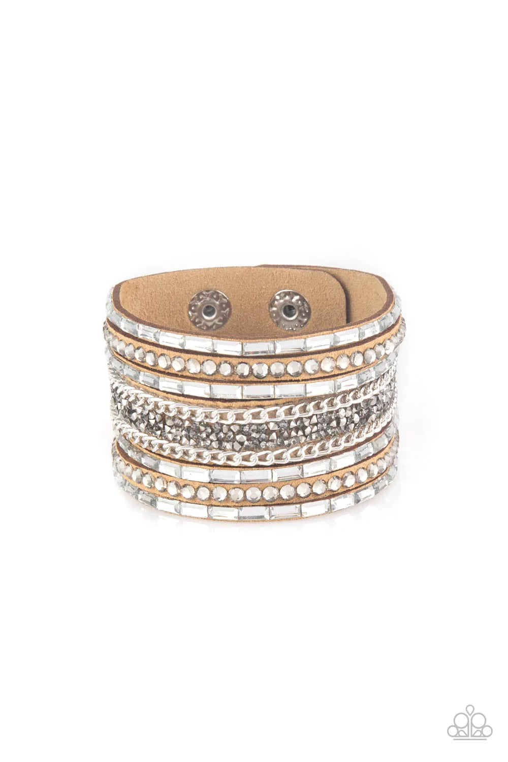 Rhinestone Rumble Brown Suede White and Smoky Rhinestone Wrap Bracelet Paparazzi B0002