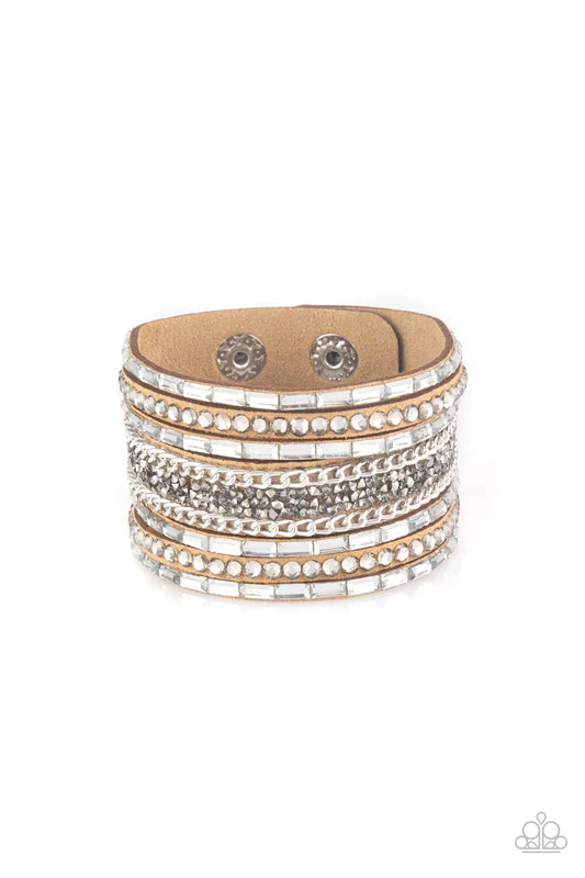 Rhinestone Rumble Brown Suede White and Smoky Rhinestone Wrap Bracelet Paparazzi B0002