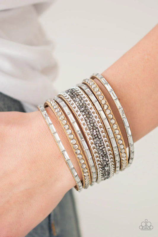 Rhinestone Rumble Brown Suede White and Smoky Rhinestone Wrap Bracelet Paparazzi B0002