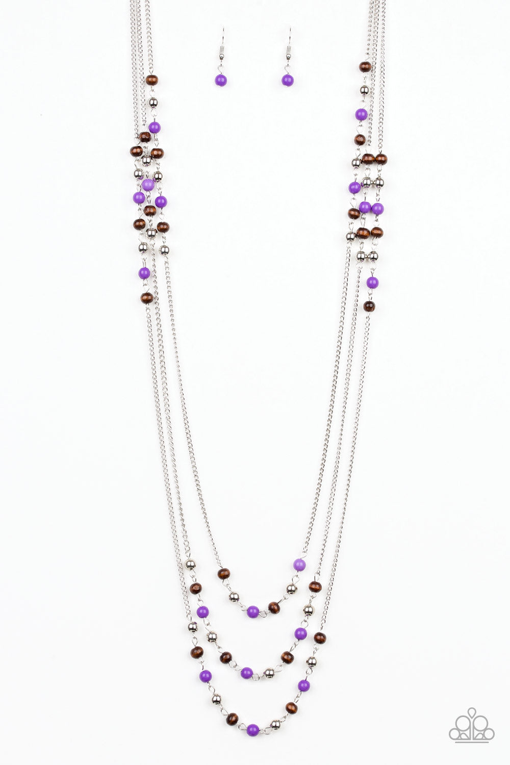 Seasonal Sensation - Purple, Silver & Wooden Bead Multilayer Necklace Paparazzi N1859