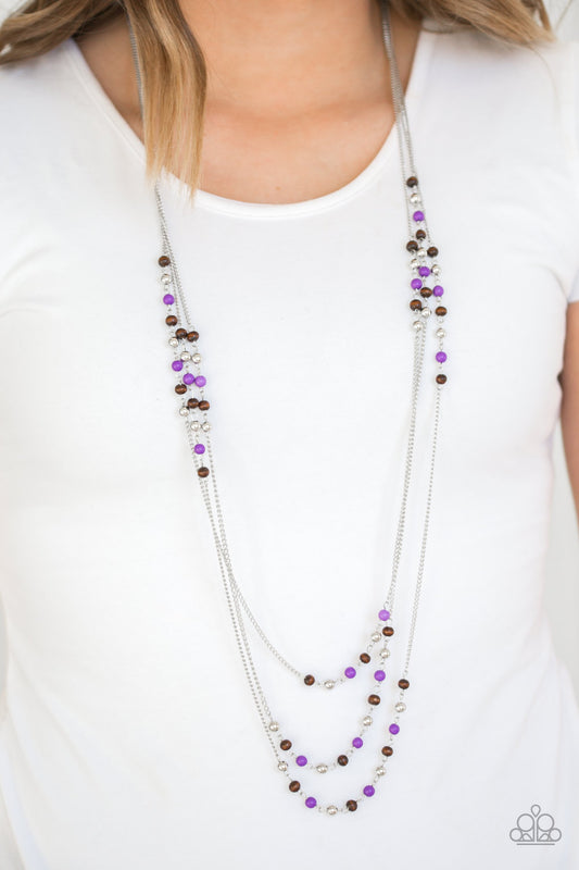 Seasonal Sensation - Purple, Silver & Wooden Bead Multilayer Necklace Paparazzi N1859