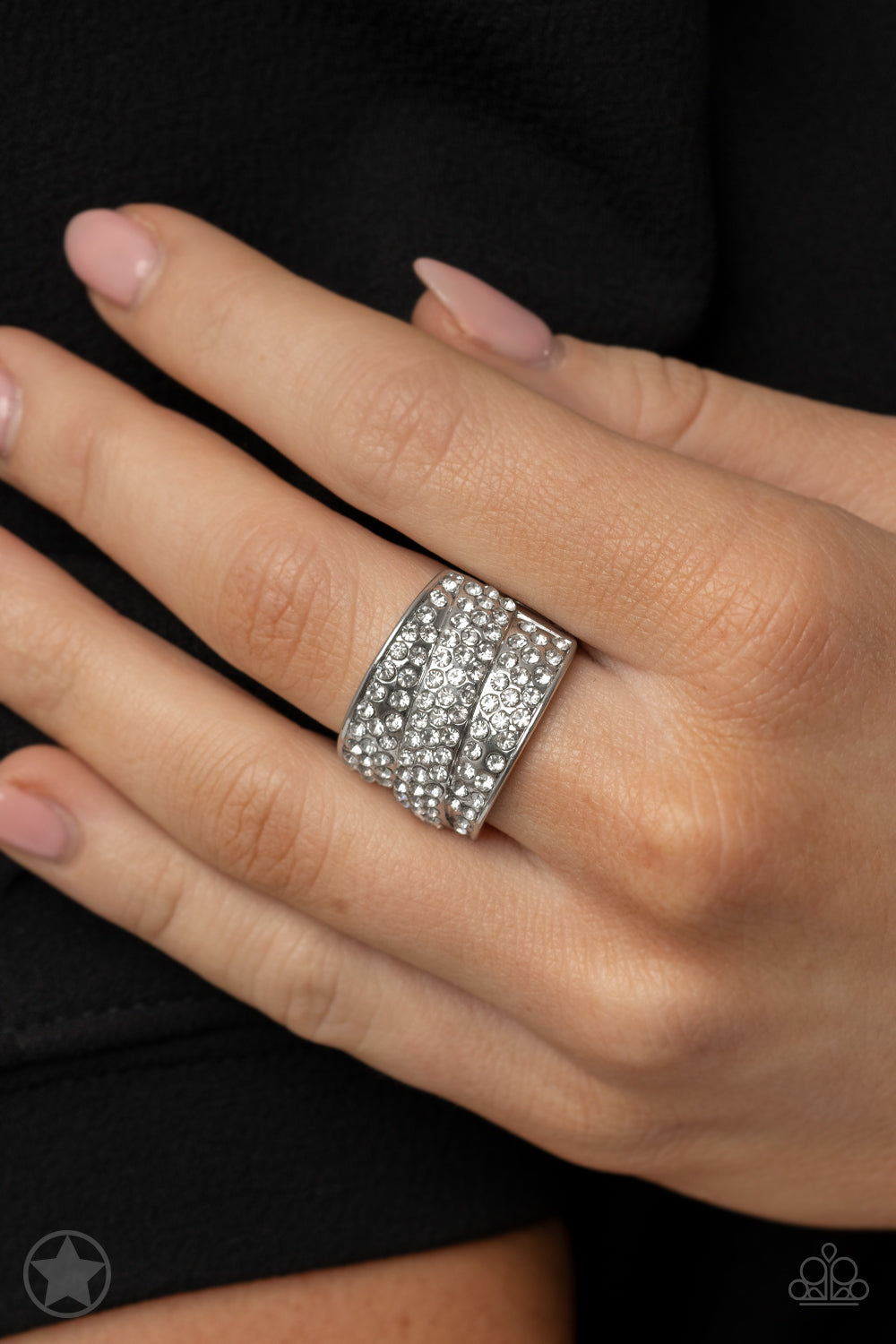 The Millionaires Club White Rhinestone Blockbuster Ring Paparazzi R0035