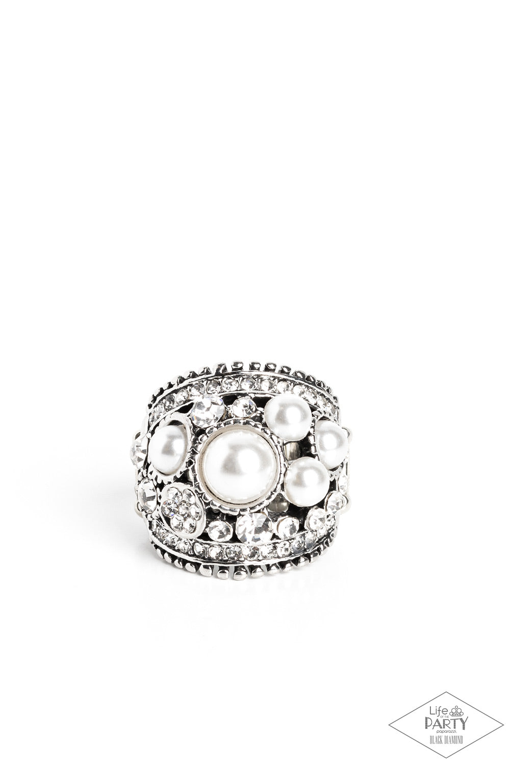 Money On My Mind - White Pearl & Rhinestone Ring Life Of The Party Black Diamond Paparazzi R0494