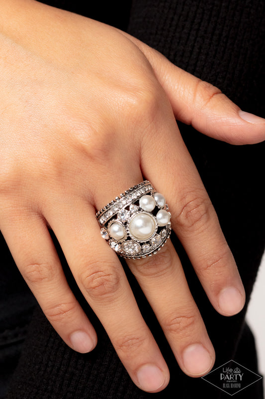 Money On My Mind - White Pearl & Rhinestone Ring Life Of The Party Black Diamond Paparazzi R0494