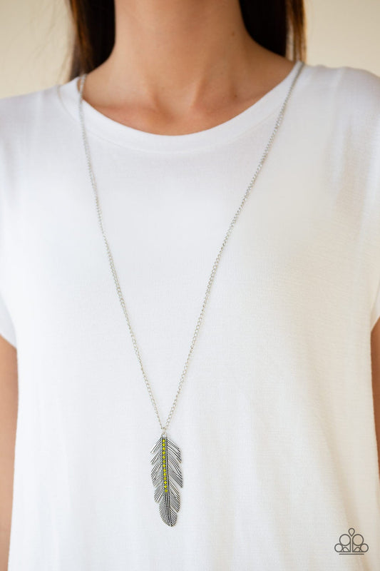 Sky Quest Green Rhinestone Feather Necklace Paparazzi N0156