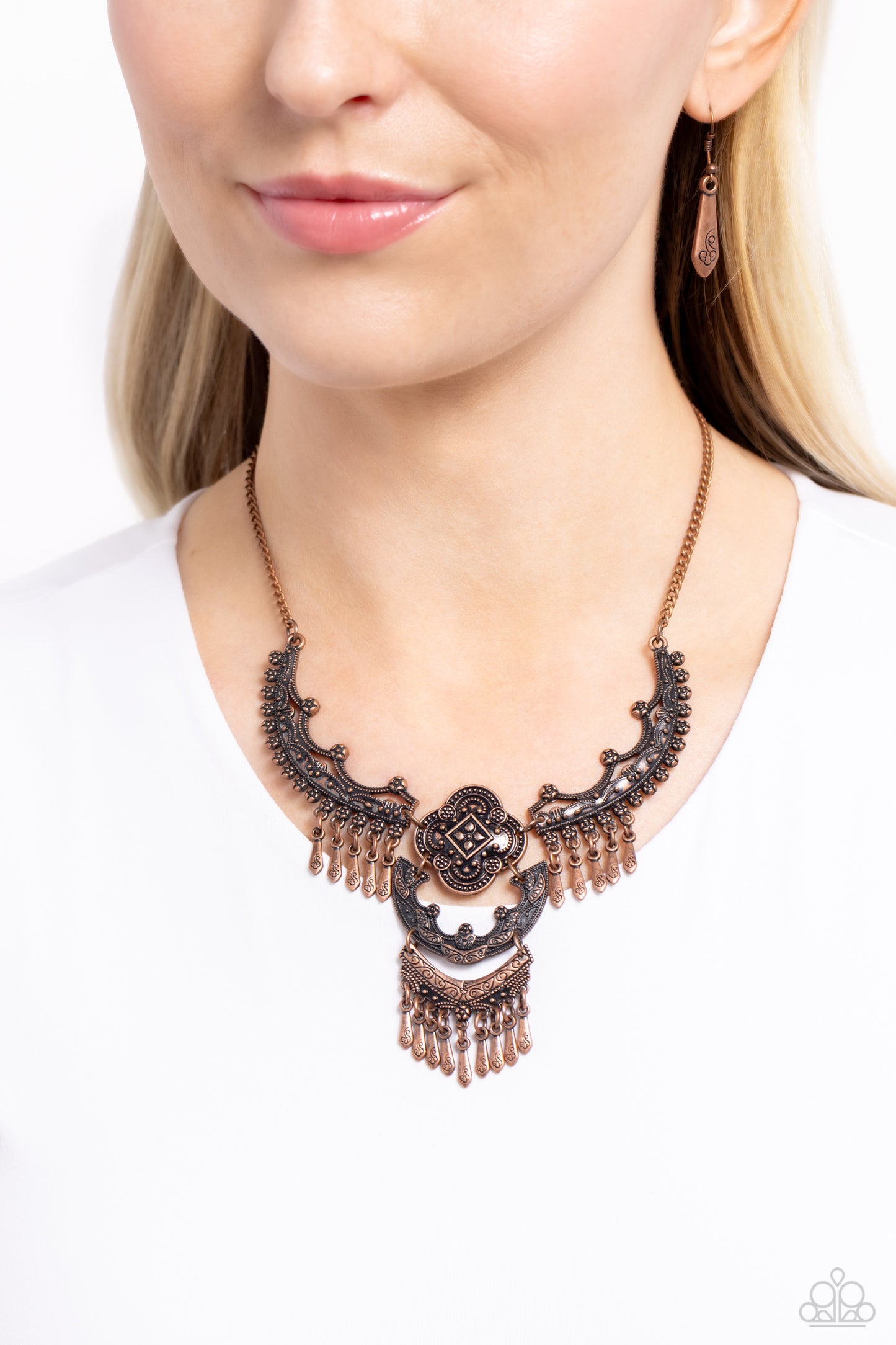 Rogue Vogue - Copper Antiqued Floral, Fringe Pendant Necklace Paparazzi N2104