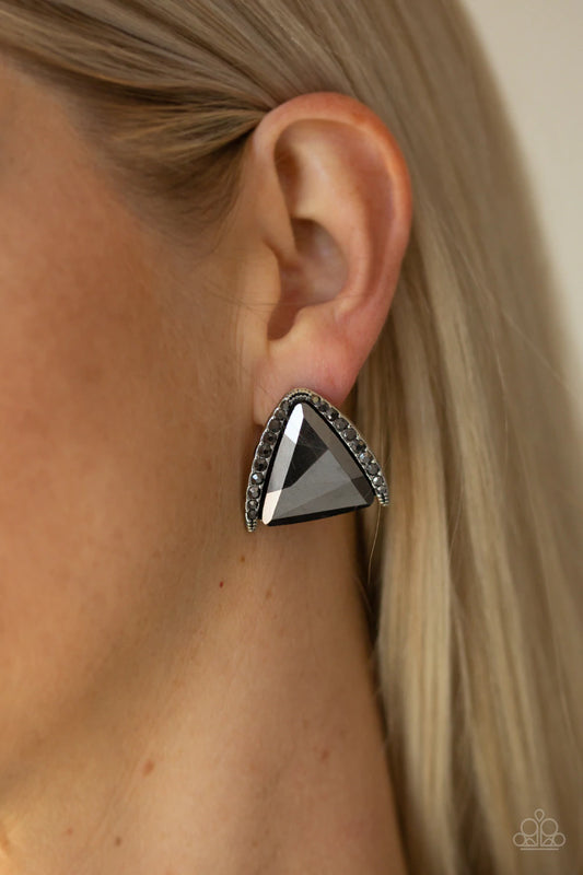 Exalted Elegance Silver Hematite Rhinestone Gem Post Earring Paparazzi E0687