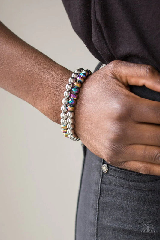 Chroma Color Multi Oil Spill Iridescent Stretch Bracelet Black Diamond Exclusive Life Of The Party Paparazzi B0575
