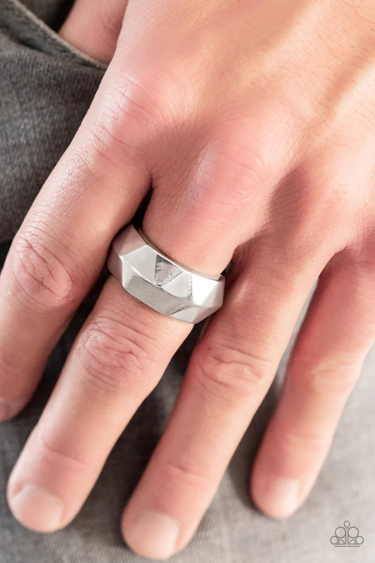 Industrial Mechanic Silver Geometric Faceted Ring R0044