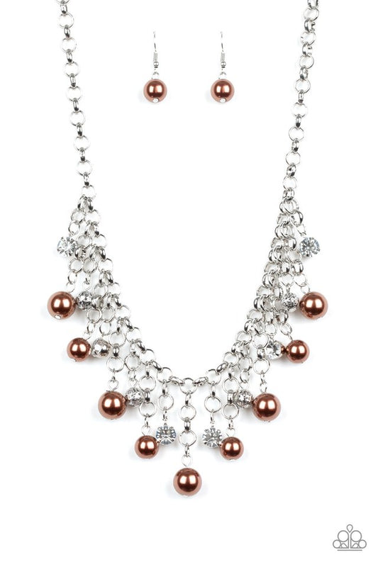 Heir Headed Brown Pearl & White Rhinestone Fringe Necklace Paparazzi N0104