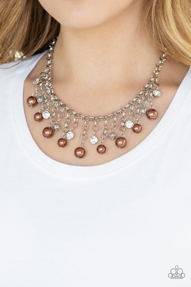 Heir Headed Brown Pearl & White Rhinestone Fringe Necklace Paparazzi N0104