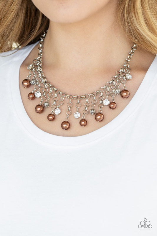 Heir Headed Brown Pearl & White Rhinestone Fringe Necklace Paparazzi N0104