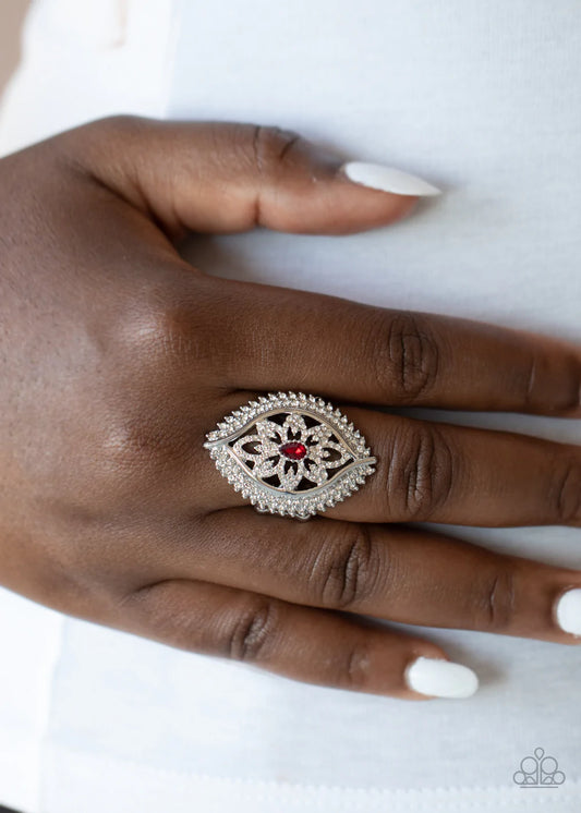 Glammed Up Gardens Red And White Rhinestone Ring Paparazzi R0323
