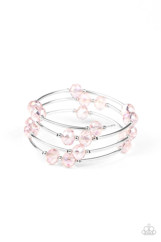 Dreamy Demure Pink Glittery Bead Silver Coil Bracelet Paparazzi B0940