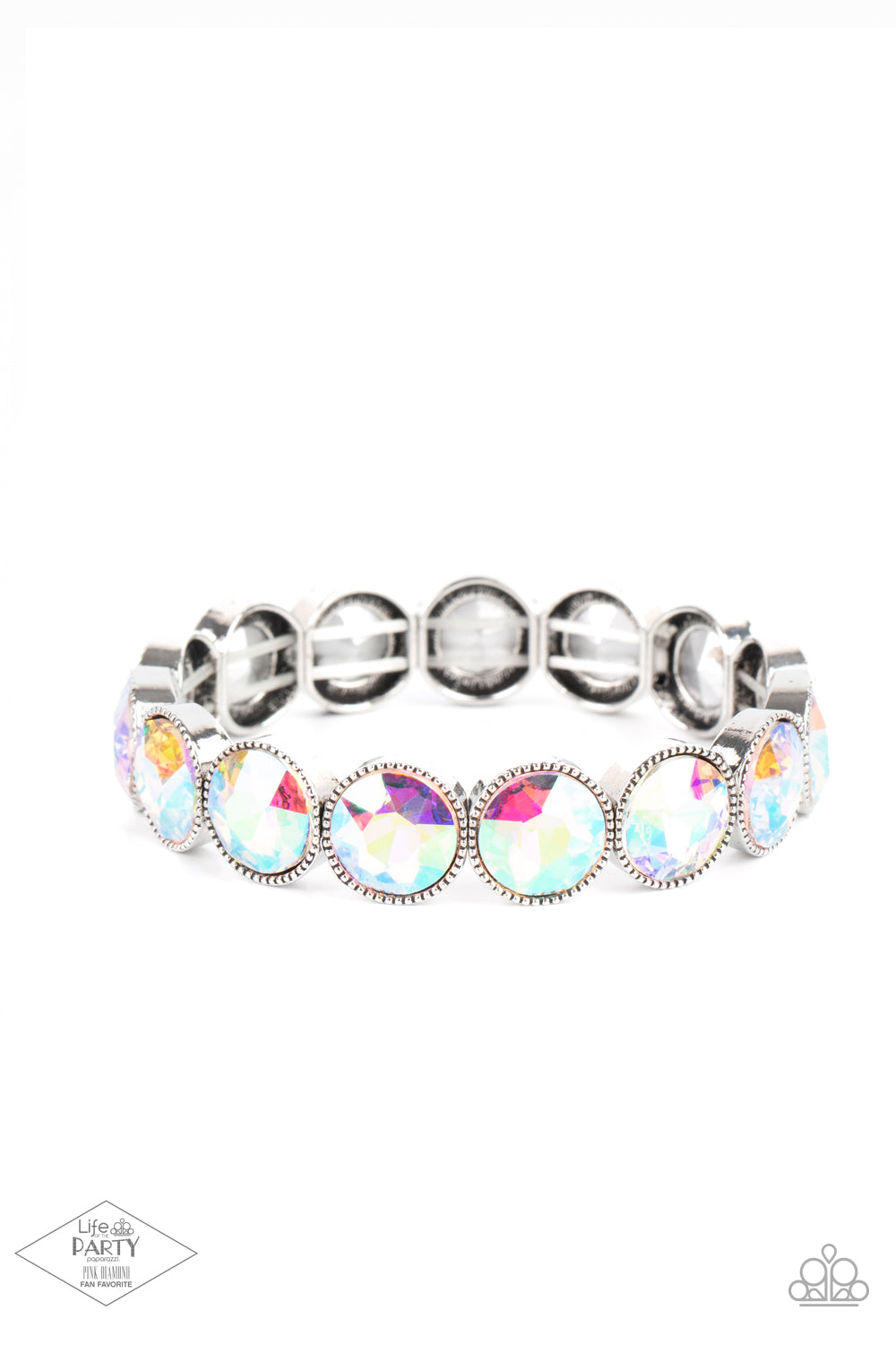 Number One Knockout - Multi Iridescent Gem Silver Stretch Bracelet Life Of The Party Black Diamond Exclusive Paparazzi B1010