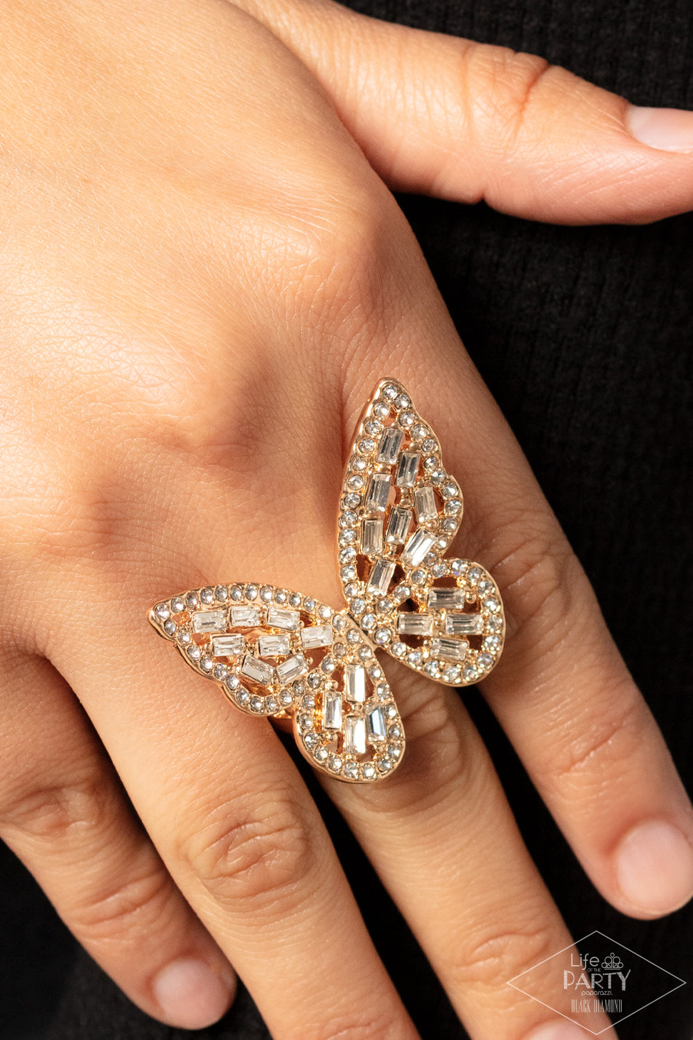 Flauntable Flutter - Gold White Rhinestone Butterfly Ring Life Of The Party Black Diamond Exclusive Paparazzi R0416