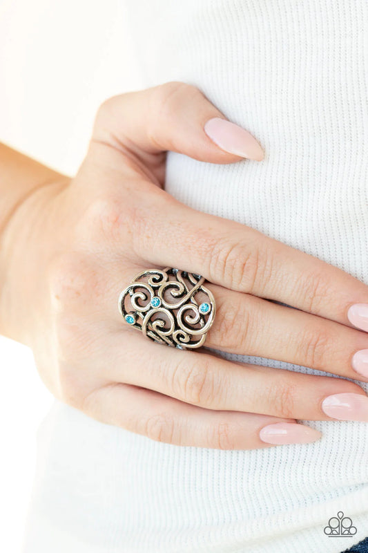 Frill Out Blue Rhinestone Silver Filigree Ring Paparazzi R0075