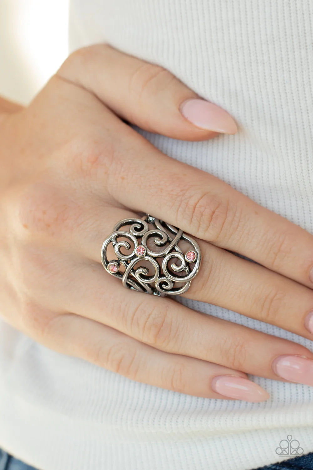 Frill Out Pink Rhinestone Silver Filigree Ring Paparazzi R0054