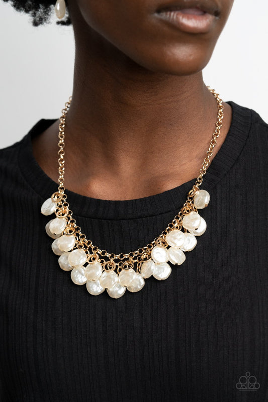 Beachfront And Center Gold & Pearly White Bead Necklace N0083