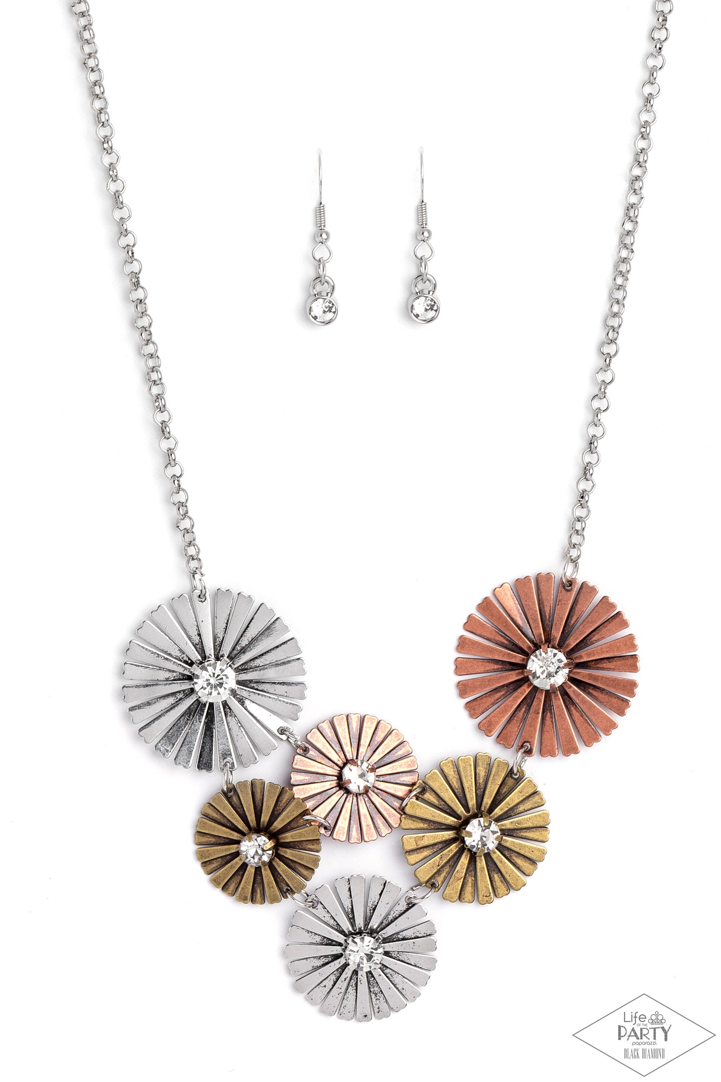 Flauntable Fanfare - Multi Metal Brass, Copper & Silver Floral Necklace Life Of The Party Black Diamond Encore Paparazzi N1492