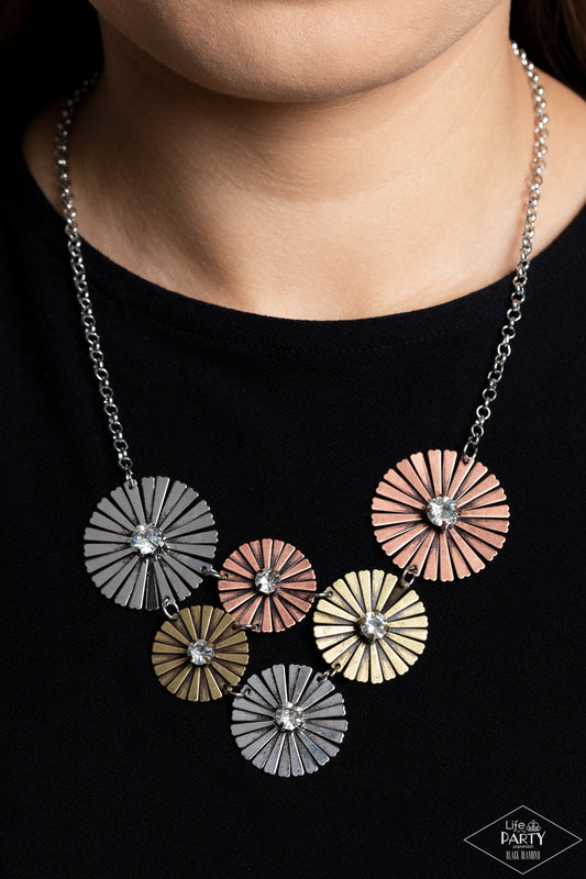 Flauntable Fanfare - Multi Metal Brass, Copper & Silver Floral Necklace Life Of The Party Black Diamond Encore Paparazzi N1492