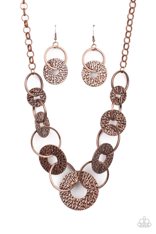Industrial Envy Copper Antiqued Rings Hammered Disc Necklace Paparazzi N0118