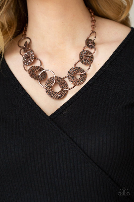 Industrial Envy Copper Antiqued Rings Hammered Disc Necklace Paparazzi N0118