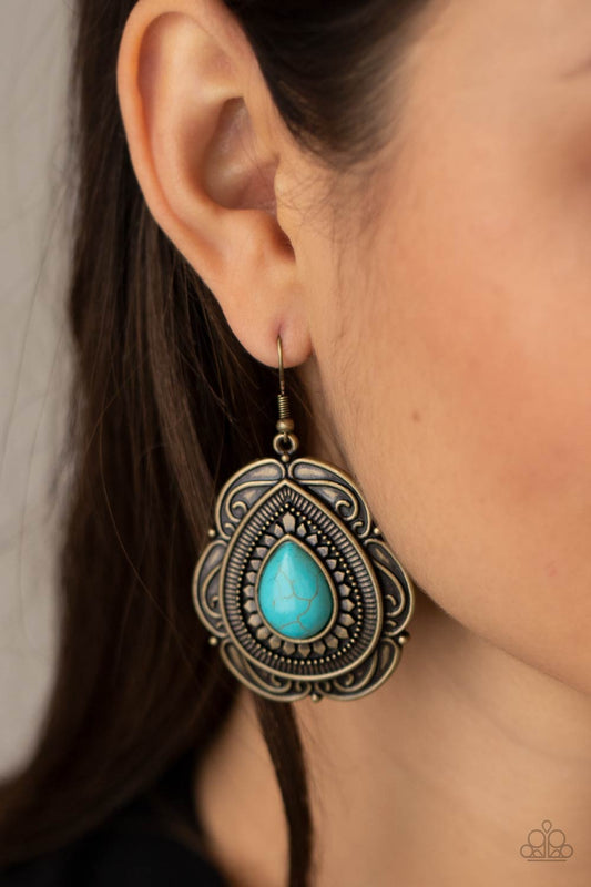 Southwestern Soul - Brass Blue Cracked Stone Earring Paparazzi E0337