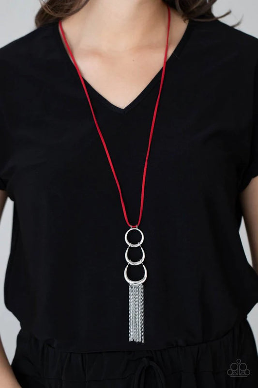Industrial Conquest Red Suede Silver Half Moon Necklace Paparazzi N0964
