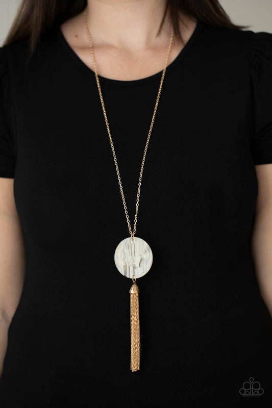 Up FAUX Grabs White Acrylic Disc Gold Tassel Necklace N0159