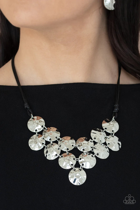 Token Treasure Black Silver Hammered Necklace Paparazzi N0952