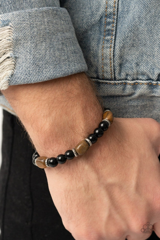 UNITY - BROWN TIGER'S EYE AND BLACK BEAD STRETCHY BRACELET - PAPARAZZI B0217