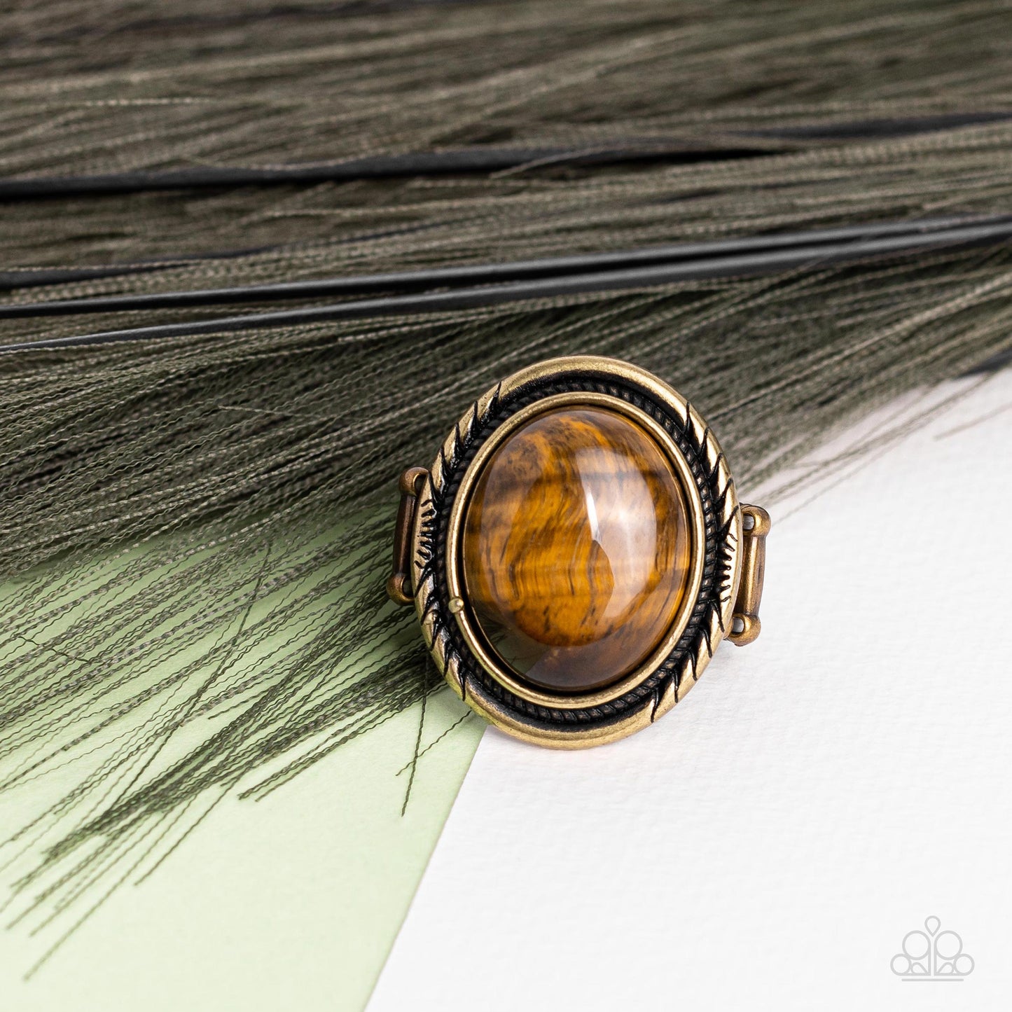 Stone Terrarium - Brass & Tiger's Eye Stone Ring Paparazzi R0465