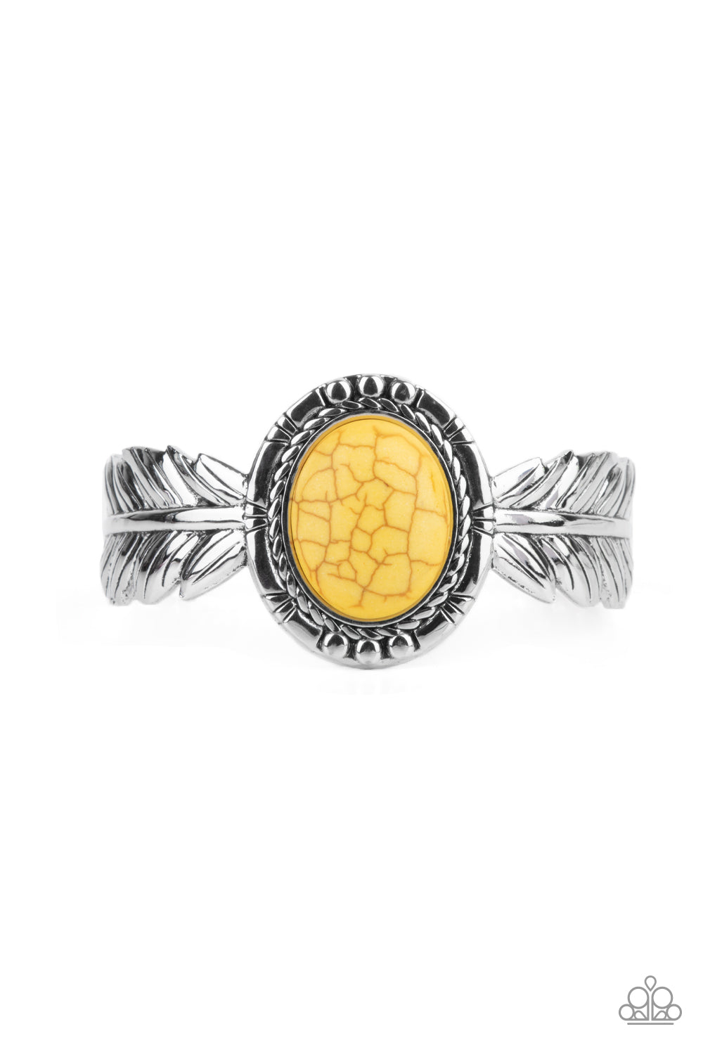 Western Wings - Yellow Stone Silver Feather Santa Fe Style Cuff Bracelet Paparazzi B0843